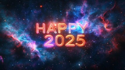 Happy New Year 2025 Celebration in a Cosmic Background with Colorful Neon Text