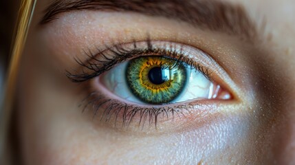 Obraz premium Close-up of hazel eye with detailed iris, intense reflection and eyelashes, vibrant human eye with natural beauty, captivating vision, focus on intricate detail