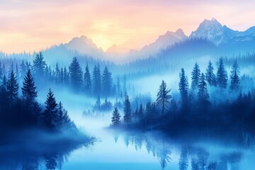 Fototapeta premium Misty Dawn in the Mountains - Serene foggy forest landscape at dawn, symbolizing tranquility, mystery, peace, nature, and serenity.