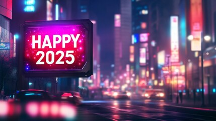 Happy 2025 Celebration in a Vibrant Cityscape with Neon Lights and Festive Atmosphere