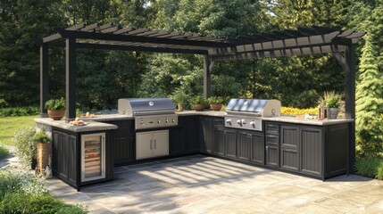 Outdoor kitchen setup with grill, counter space, and seating under a pergola.