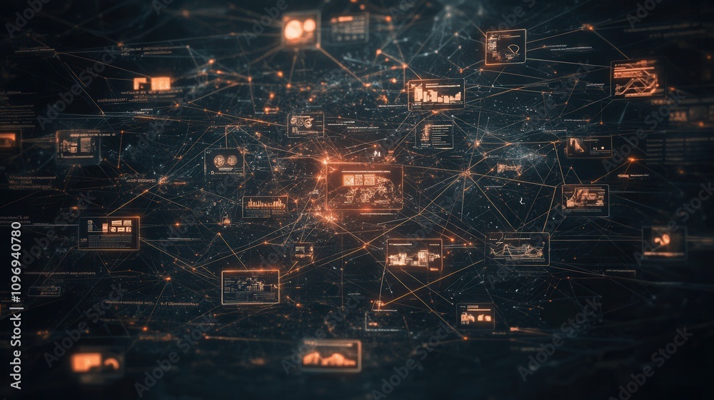 Aufkleber A digital network graphic displaying interconnected images and data points, representing information flow and connectivity.