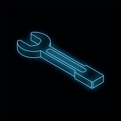 Glowing neon wrench spanner tool fixing repairing isometric 3d render illustration
