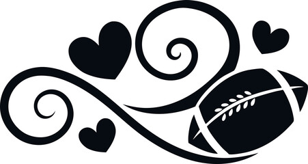 American football with calligraphy hearts swirls black and white vector silhouette, football Love lettering typography isolated design Element, Sport games Tribal Clipart Graphics
