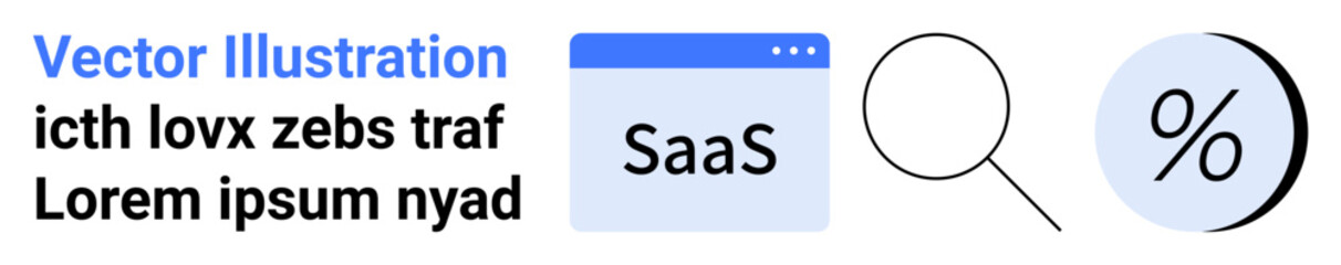 SaaS browser window, magnifying glass, and percentage icon alongside placeholder text and colored labels. Ideal for SaaS, analytics, marketing, finance, technology, data research, and web design