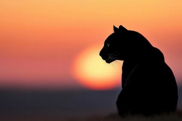 Black cat silhouette gazes at sunset over the savanna