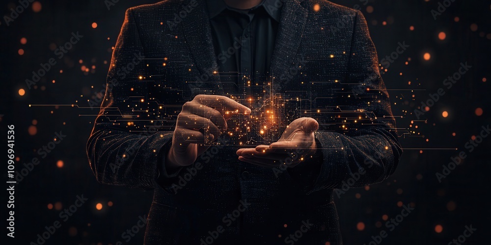 Aufkleber A mysterious figure in a dark suit manipulates glowing particles, suggesting a blend of technology and magic in a captivating visual display.