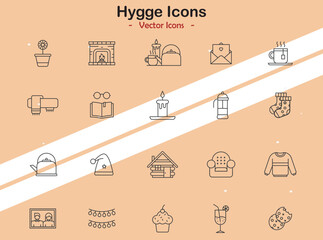 Icons representing hygge and comfort themes in vector style