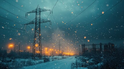 Snowy winter night with power lines, glowing streetlights, atmospheric scene, snowfall, cold winter landscape, electricity, isolated road, quiet and serene, orange and blue hues