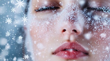 Woman's Face with Flawless Complexion Over Snowy Background