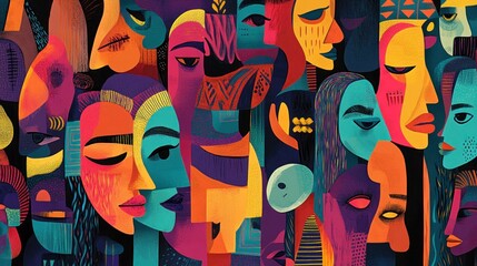 Obraz premium A vibrant illustration featuring diverse faces in bold colors, celebrating identity and expression.