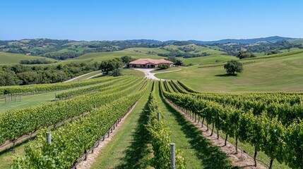 Fototapeta premium Vibrant green vineyards stretching across rolling hills under a clear sky, symbolizing peace, prosperity, and nature’s wealth. Perfect for wine, agriculture, and sustainability themes