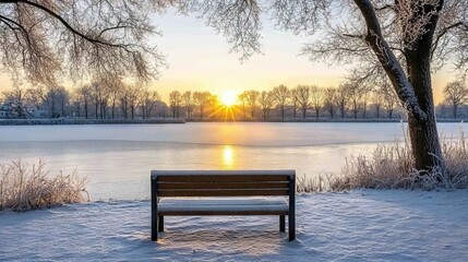 Beautiful Winter Landscape with Frozen Lake at Sunrise. AI generated illustration