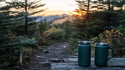 Obraz premium Scenic Sunset with Two Travel Mugs in Nature