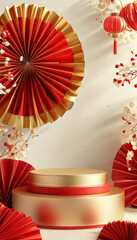 Chinese New Year concept, golden product presentation podium mock up, red paper fan, Asian luna new year, red cherry blossom flowers, red and golden, ad, podium platform, product presentation space