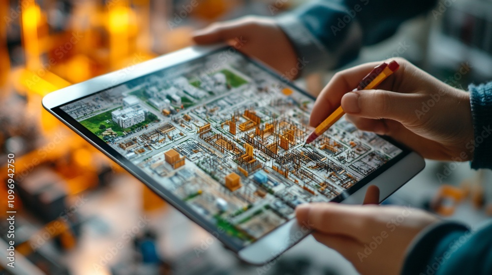 Poster engineers reviewing digital factory blueprint on tablet.