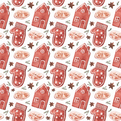 Watercolor seamless pattern of spices and gingerbread for the New Year. A cozy knitted mitten, a house and a Christmas tree made of cookies, decorated by hand with icing