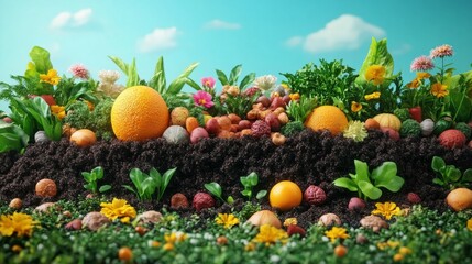 A vibrant garden displays diverse fruits and flowers