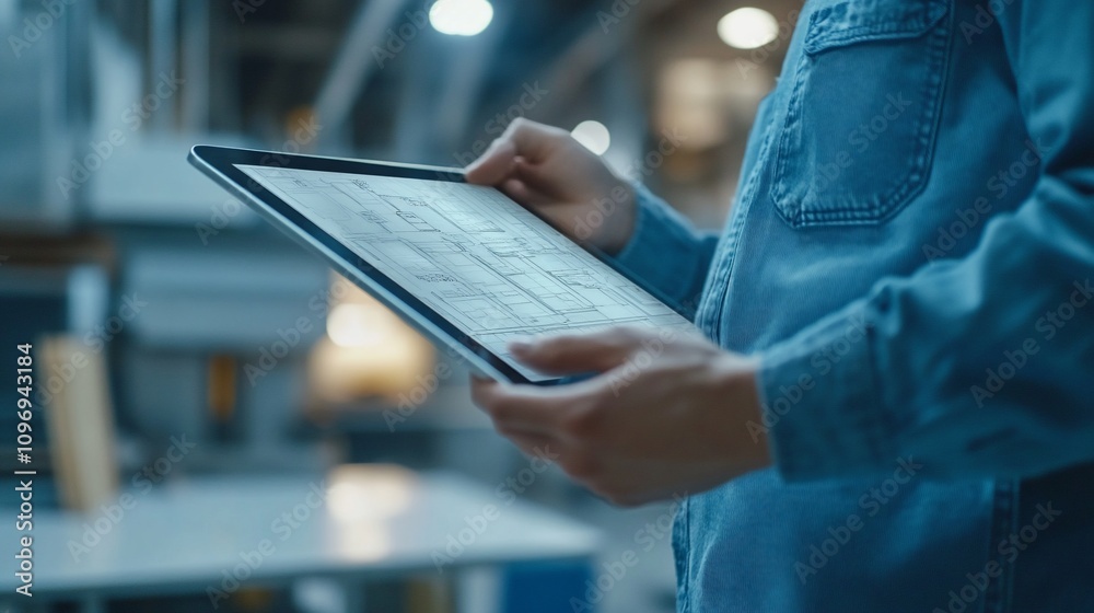 Poster engineer reviewing blueprints on tablet in factory.