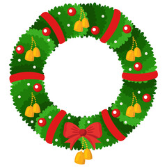 Christmas Wreath with little jingle bell, red ribbon and decorative elements, vector illustration 
