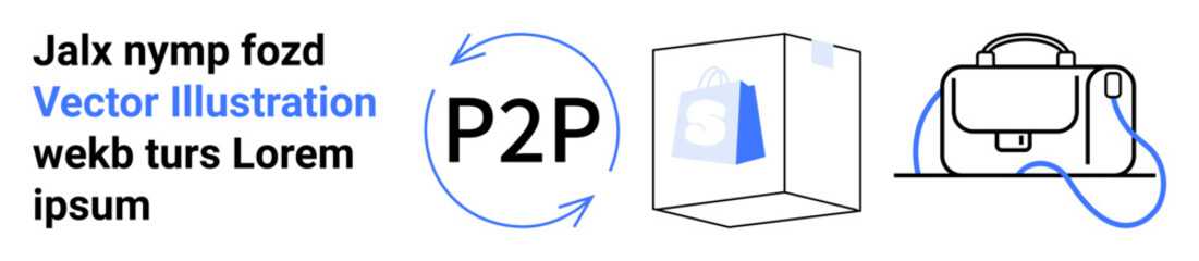 Vector showing text, P2P arrows, package with logo, and smart bag outline. Ideal for technology, logistics, business solutions, peer-to-peer services, e-commerce, smart devices, corporate