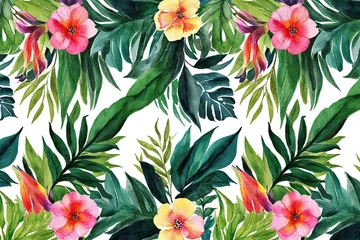 Fototapete Rund Lively Watercolor Seamless Border Featuring Exotic Leaves and Colorful Floral Designs for Invitations and Decor © Michael