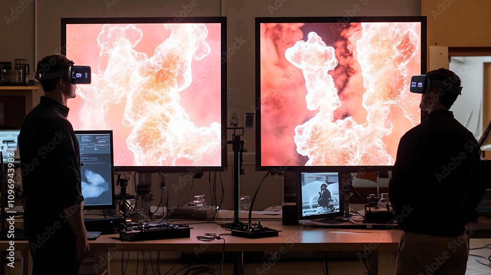 Poster a high-tech physics laboratory with interactive simulations of quantum field theory and particle phy