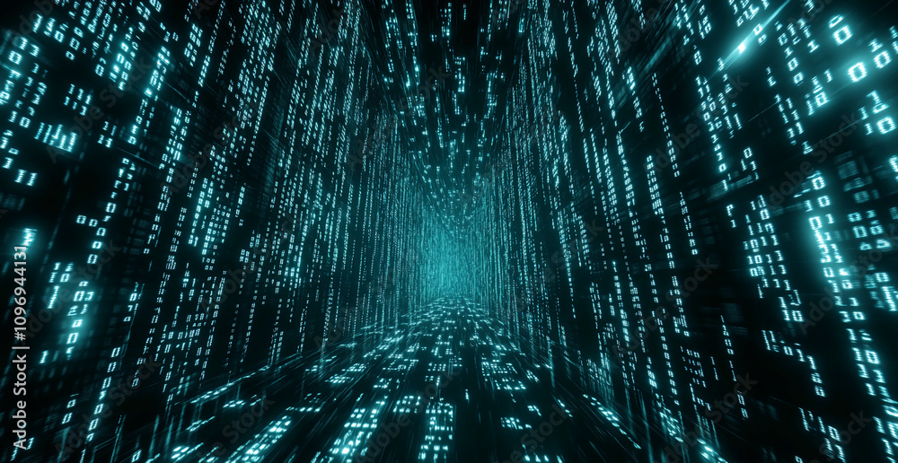 Poster Digital tunnel of binary code flows continuously in a virtual space illuminated by glowing blue light