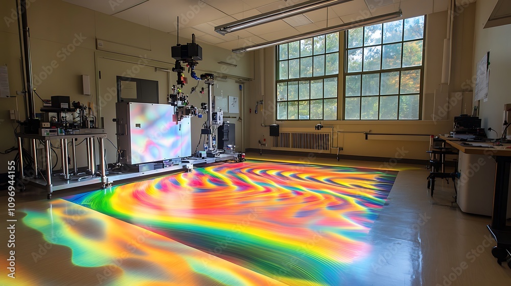 Poster a high-tech physics lab using augmented reality to simulate the effects of relativistic speeds on ma