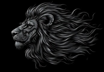 Majestic lion head profile with flowing mane, grayscale.