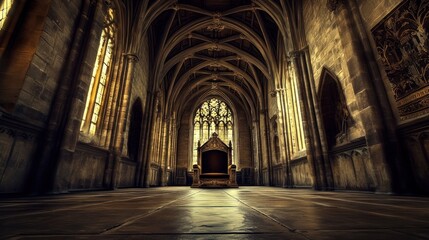 Fototapeta premium A grand, empty hall featuring an ornate throne, showcasing Gothic architecture and ambiance.