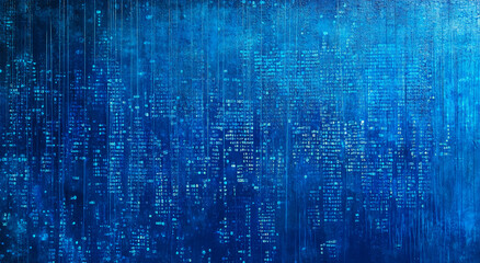 Vibrant blue cityscape with illuminated buildings and rain effects creating a dynamic urban atmosphere at night