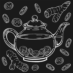 Set with glass teapot, ginger. Hand drawn vector illustration in outline style.