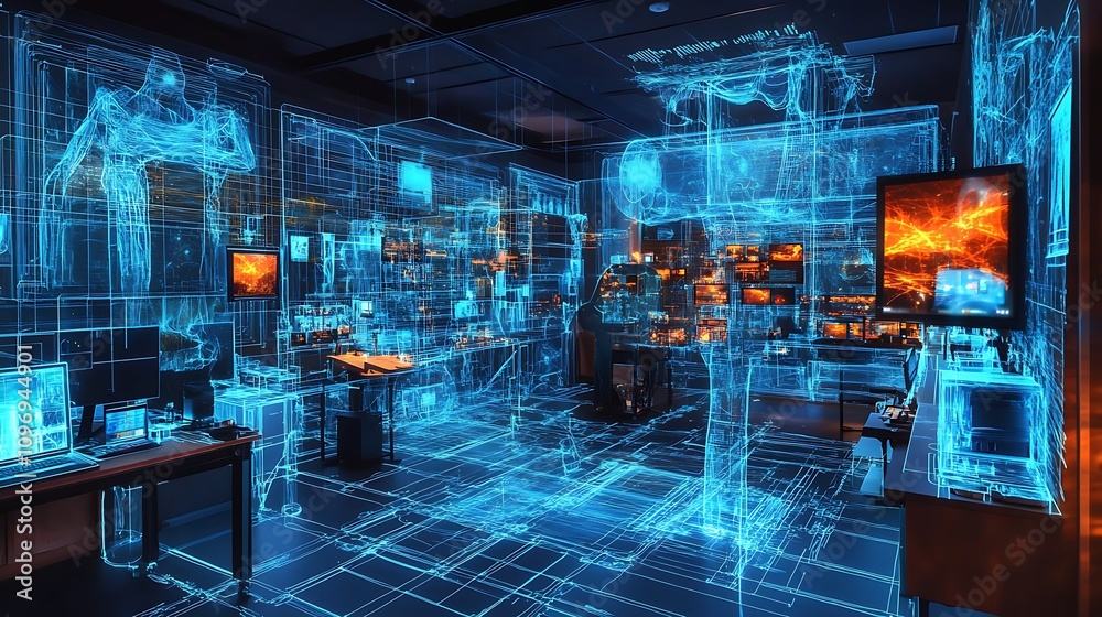 Poster a high-tech physics lab using augmented reality to visualize the effects of quantum entanglement on 