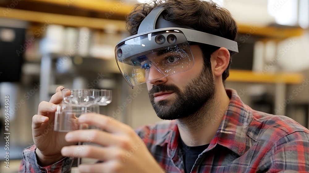 Poster a high-tech physics lab using augmented reality to visualize the effects of high-energy collisions o