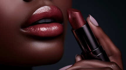 Obraz premium Close-Up of Lush Lips Applying Rose-Tinted Lipstick