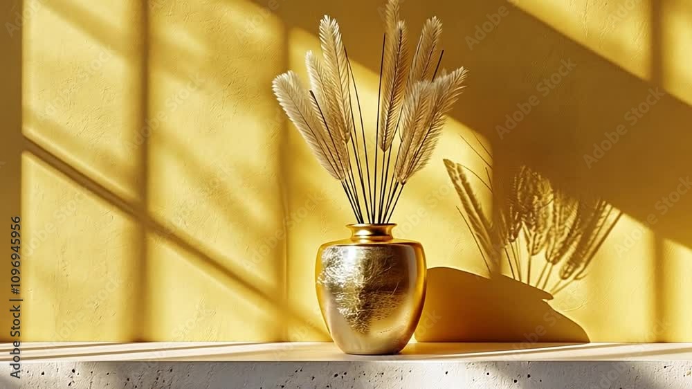 Aufkleber a golden vase filled with dried grass sits on a textured surface, casting delicate shadows against a