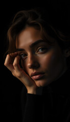 Fototapeta premium Artistic Close-Up Portrait of a Thoughtful Young Woman with Hands Framing Her Face in Moody Low-Key Lighting and Deep Shadows