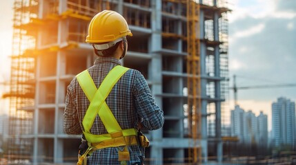 Woman Engineer in Bright Yellow Helmet Observing Construction Site