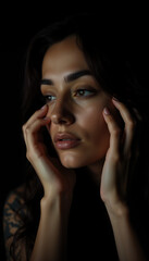 Fototapeta premium Artistic Close-Up Portrait of a Thoughtful Young Woman with Hands Framing Her Face in Moody Low-Key Lighting and Deep Shadows