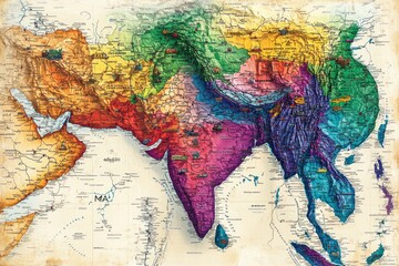 Naklejka premium Artistic Colorful Map Depicting South Asia and Surrounding Regions
