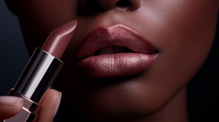 Obraz premium Close-Up of Lush Lips Applying Rose-Tinted Lipstick