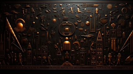 Golden symbols and ancient scripts stand out on a black wall, showcasing Egyptian artistry and heritage.
