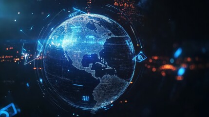 Global renewable energy symbols spinning around earth digital animation futuristic viewpoint technology impact