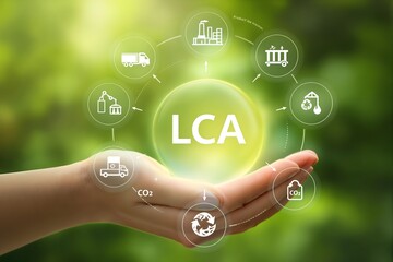 LCA Life Cycle Assessment Concept. A hand showcasing glowing globe icons representing sustainability, recycling, and environmental impact, emphasizing life cycle assessment (LCA) for green initiatives