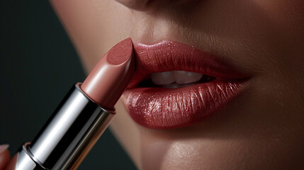 Obraz premium Close-Up of Lush Lips Applying Rose-Tinted Lipstick