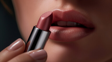 Obraz premium Close-Up of Lush Lips Applying Rose-Tinted Lipstick