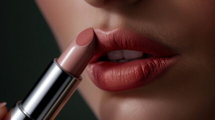 Obraz premium Close-Up of Lush Lips Applying Rose-Tinted Lipstick