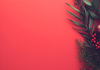 Christmas background with red color and decoration on the right side, copy space.