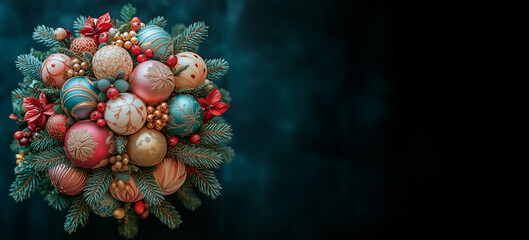 Banner with Biedermeier bouquet of Christmas balls and berries on dark blue background.